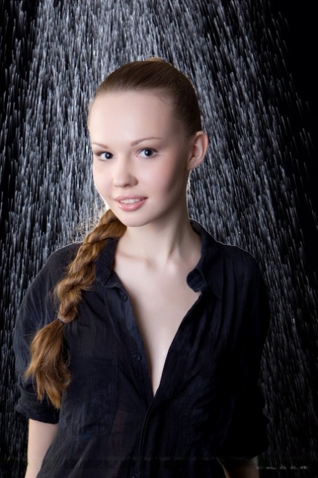Innocent teen girl Virginia Sun stripping down to black nylons under waterfall 43710794