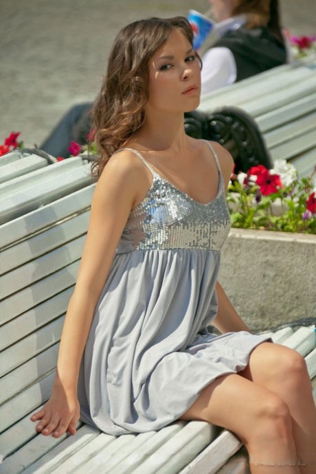 Long legged Nastya K in short dress flashes nude pussy upskirt showing hot ass 52388576