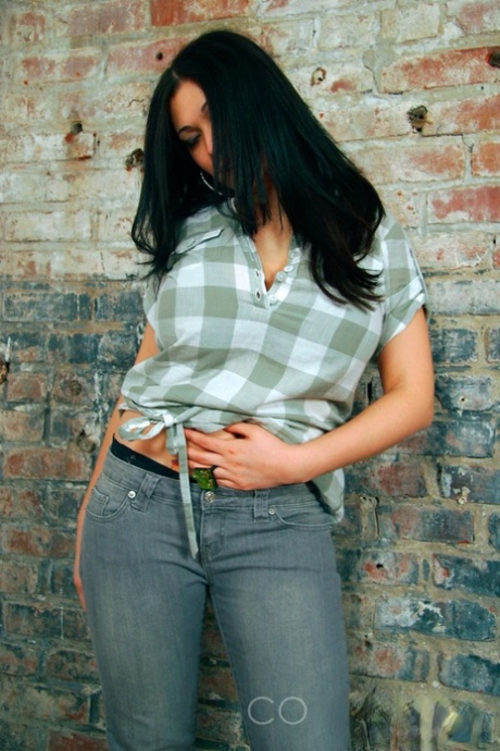 Dark-haired girl Elizabeth places her hands over her large breasts 67677081