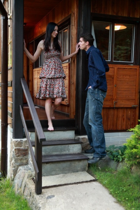 Dark haired teen and her boyfriend have hardcore sex on a backyard patio 36943797