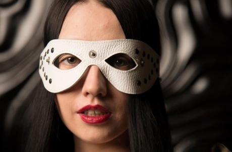 Tall teen Veronica Snezna toys her bald pussy wearing a masquerade mask 17522852