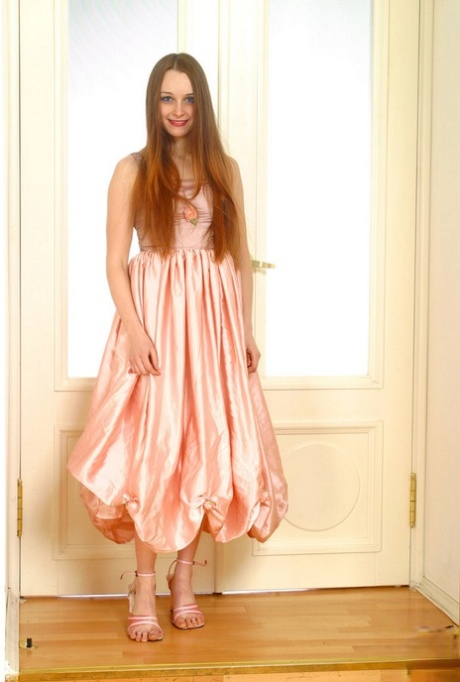 Pretty girl Melissa slips off a satin dress to get naked in front of a mirror 72486643