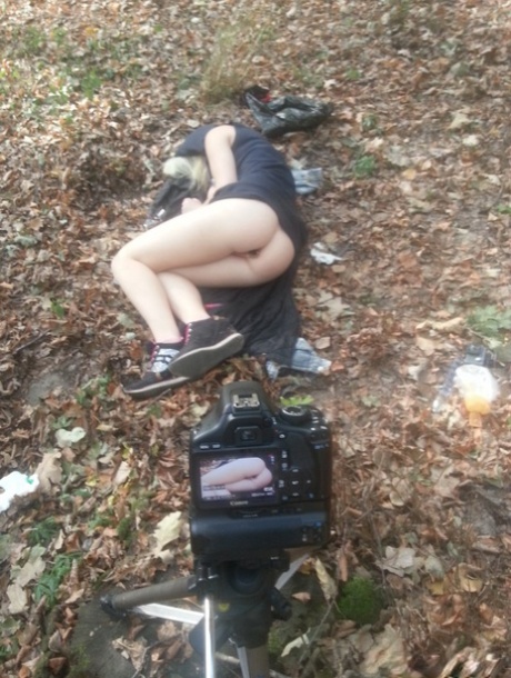 Horny female Helena records herself masturbating on leafy ground in the woods 51339538