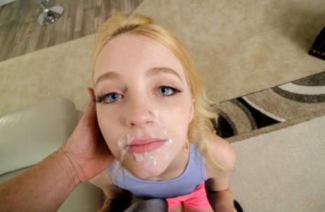 Tiny blonde teen Kate Bloom wears cum on her face and pussy after POV action 68549197