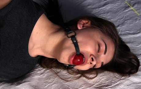 Nice girl sports a ball gag while hogtied in a T-shirt and jeans 98055585