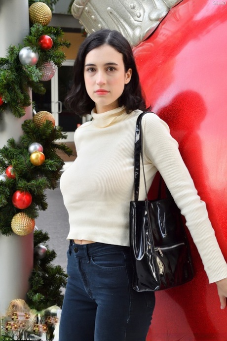 Brunette chick Giulia flashes her tits in public before masturbating at home 49232938