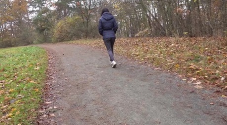 Brunette chick Helen takes a piss on a gravel path during a walk in the woods 63639127