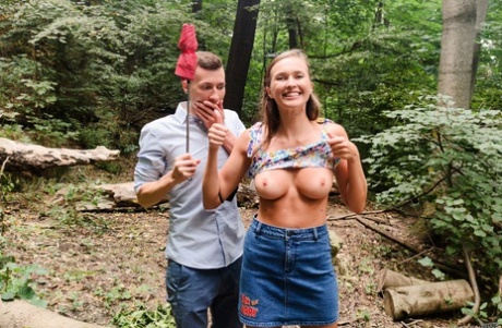 Busty girl flashes her boobs in the woods before fucking on a bed 85172708