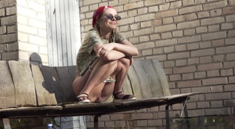 Solo girl Heidi gets caught taking a piss on an outdoor bench 46330134