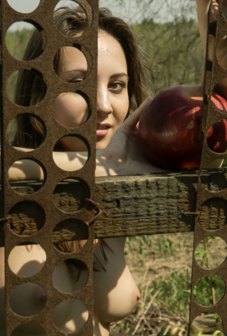 Beautiful 18-year-old Sandrine B nude poses nude against a backyard fence 25420319