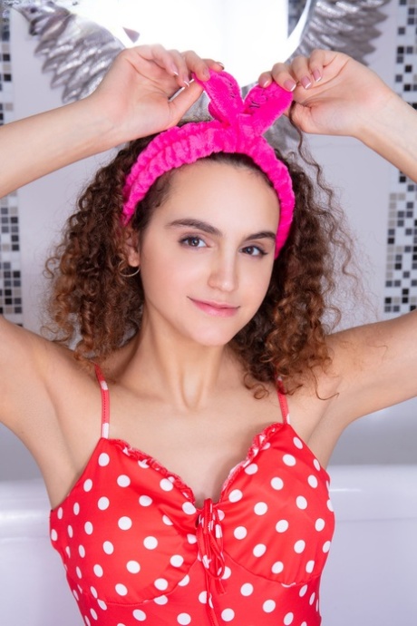 Charming teen Kiera takes off a polkadot dress before a bubble bath 35064897