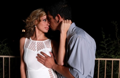 Blonde girl Pristine Edge and her man friend fuck on the patio at night 63330080