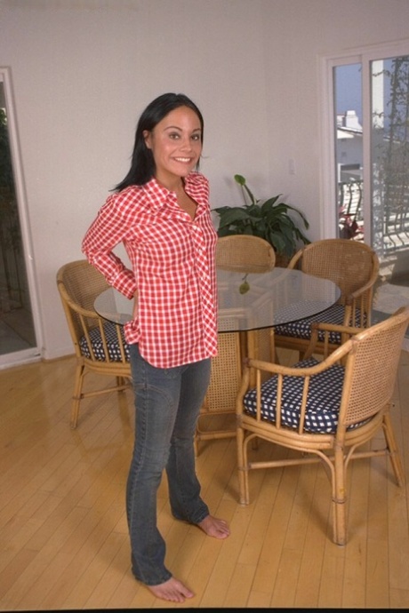 Tanned girl with small boobies Arlyn is showing off in her red shirt 25794483