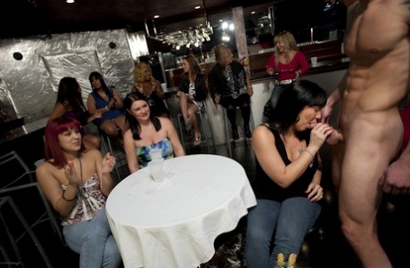 Brunettes and Blondes are teasing hard cock of strippers on a party 18345746