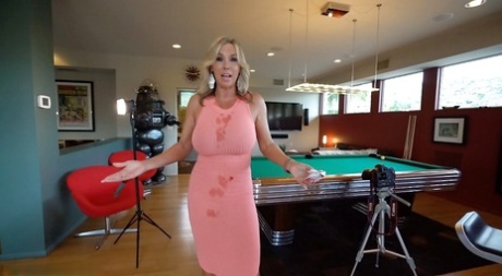 Clothed blonde housewife Sandra Otterson modeling on balcony and pool table 40361802