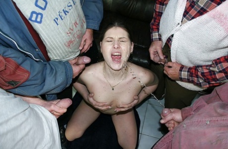 Slutty european babe gets blowbanged and pissed on by four horny men 41468944